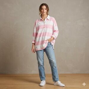 Sewn + Seen Pink White Striped Rugby Shirt Long Sleeve Oversized Polo M SNS1985